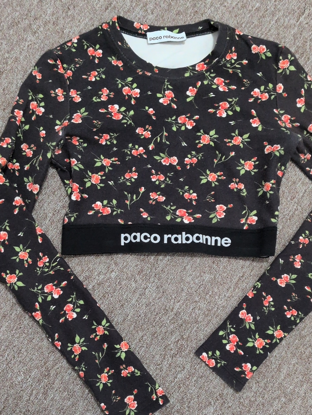 Paco Rabanne Black Floral Long-Sleeve Cropped Top with Logo Hem
